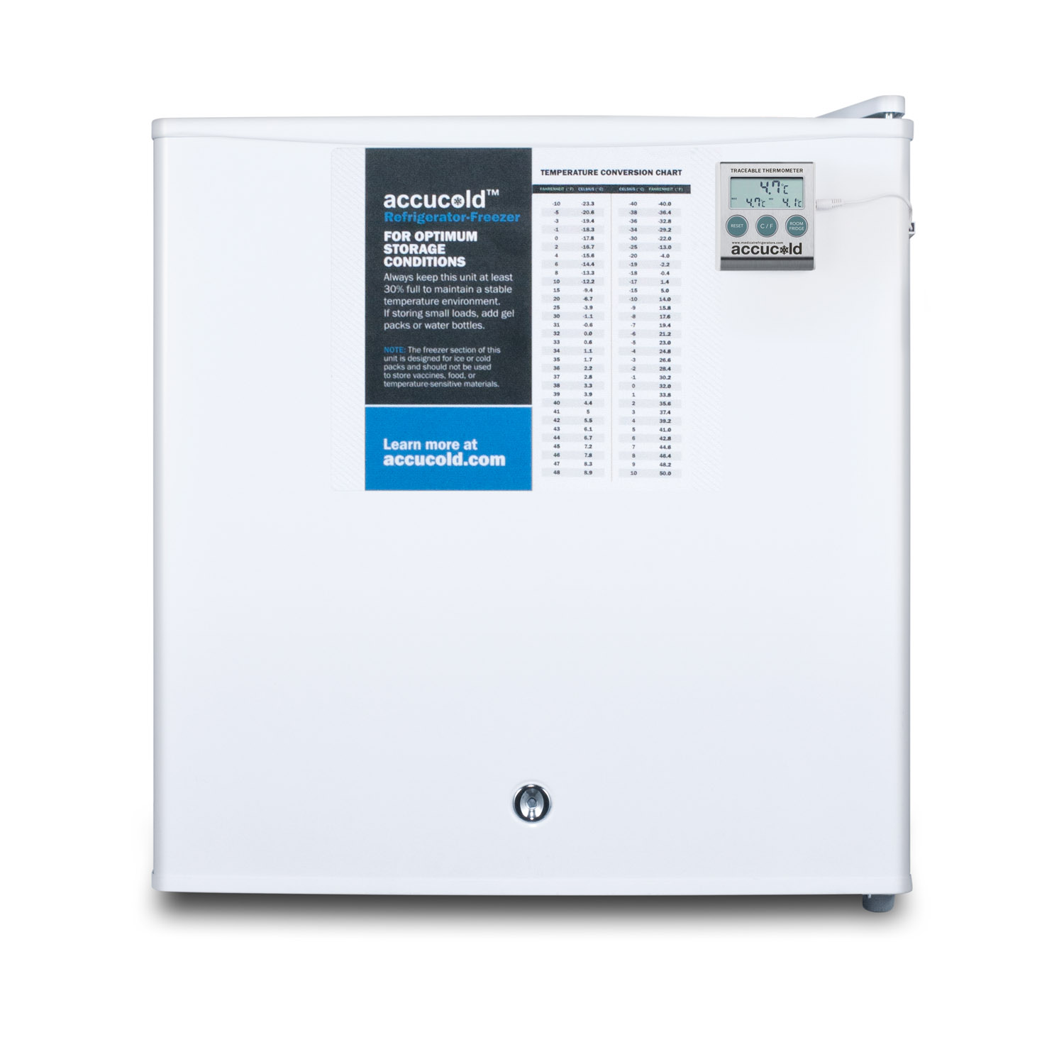 Compact refrigerator-freezer with NIST calibrated thermometer, hospital grade cord, and front-mounted lock for general purpose use; replaces S19LWHPLUS